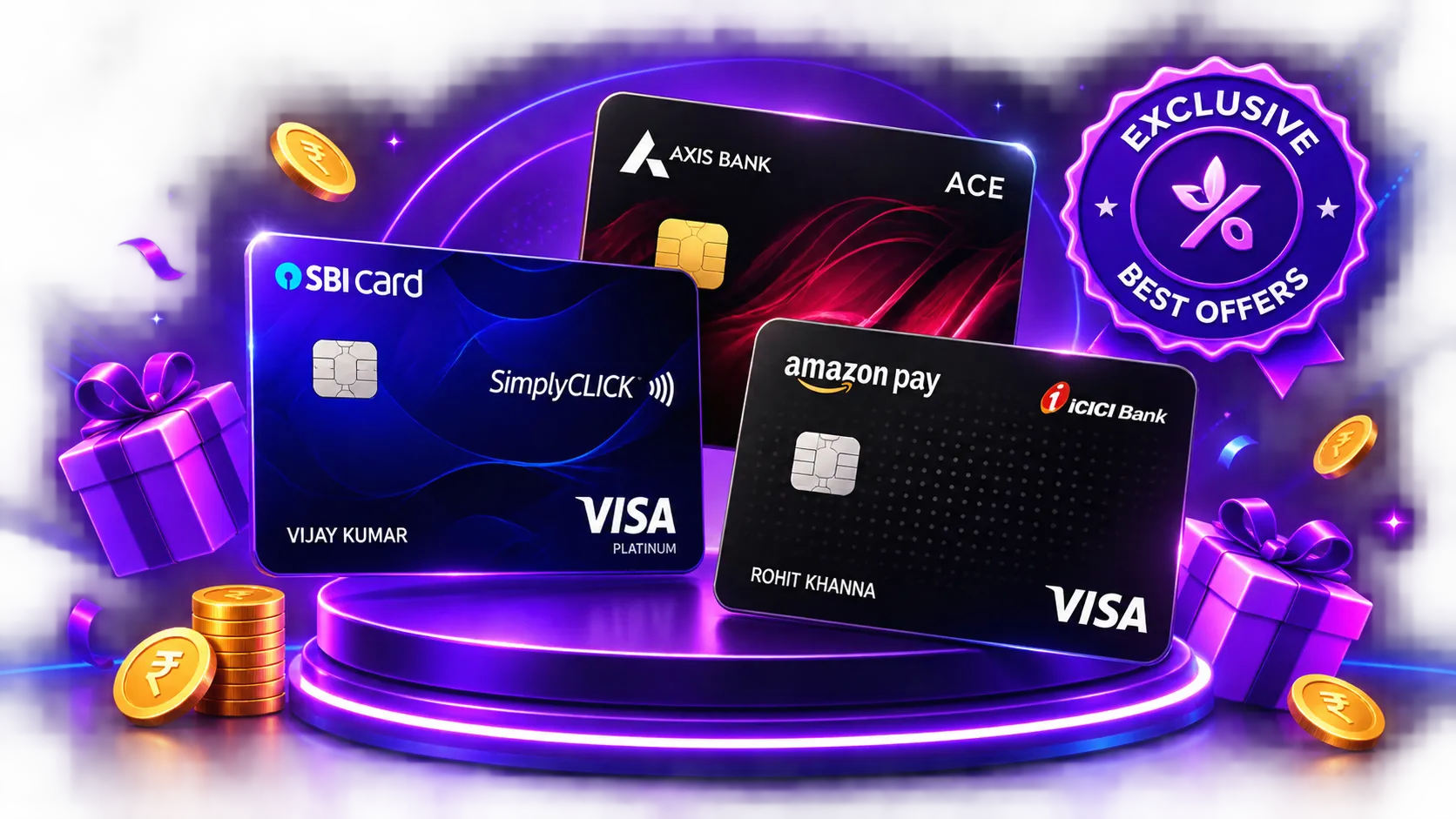 A fanned stack of metallic credit cards in graduated jewel tones, representing MoneyDosti's credit card comparison marketplace