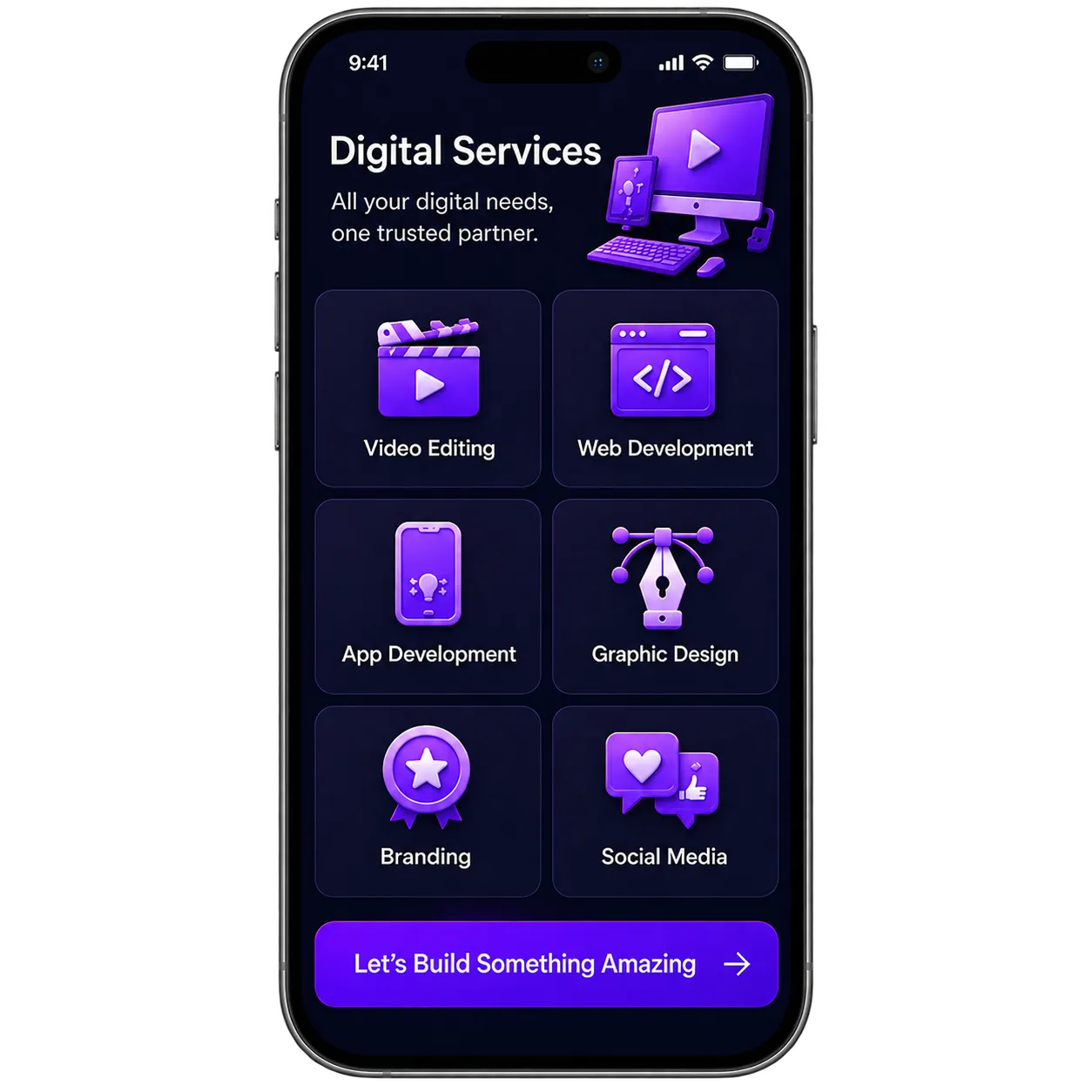 MoneyDosti digital services screen showing available creative and development services