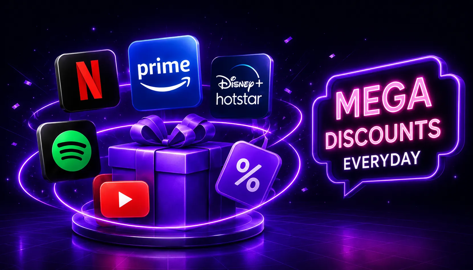 Blank rounded app-tile shapes floating at varying depths connected by thin light threads, representing MoneyDosti's subscription comparison marketplace